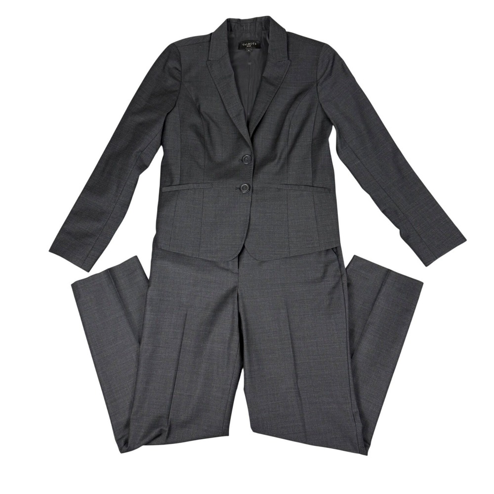 Talbots Petites Charcoal Gray Wool Blend 2 Piece Pant Suit Set Size 4P